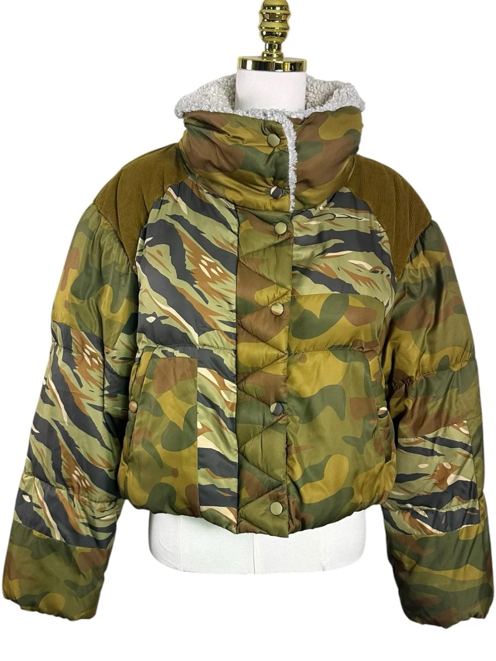 Free People Bohemian Patchwork Camo Cordury West Coast Puffer Jacket Size Large